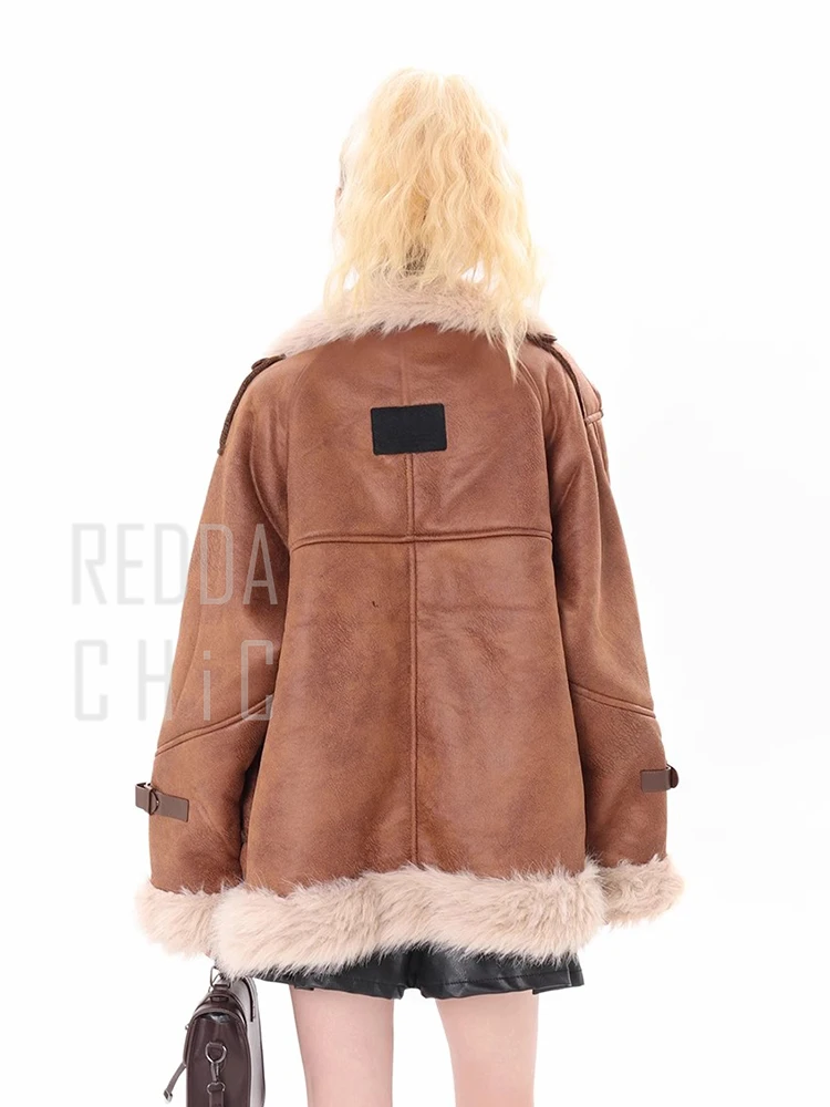 REDDACHiC Faux Fur Suede Leather Bomber Jacket Women Buckle Belt Turtleneck Fleece Lined Warm Winter Coat Biker Moto Outerwear