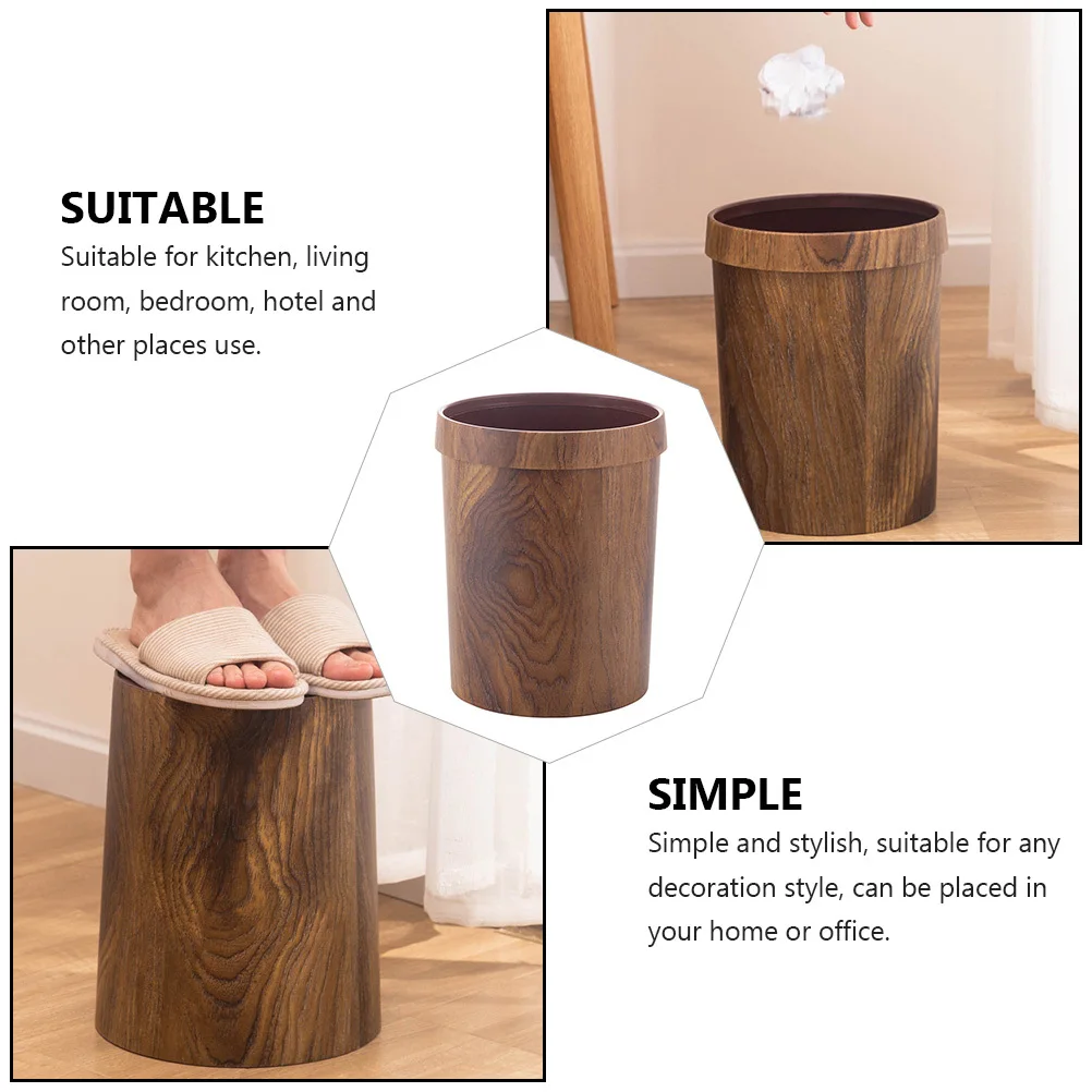 

1Pc Retro Trash Can Imitation Wood Grain Garbage Bucket Creative Household Waste Bin with Press Ring for Kitchen Toilet