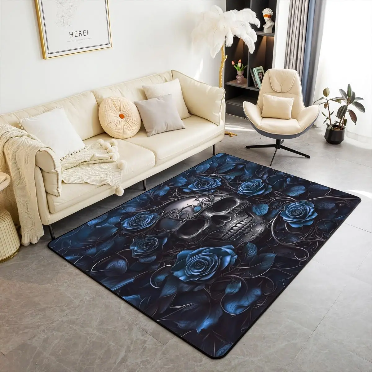 Sugar Skull Area Rug,Red Rose Floral Carpet for Kids Boys Girls Teens Adults,Gothic Skeleton Indoor Floor Mat,Exothic Hippie