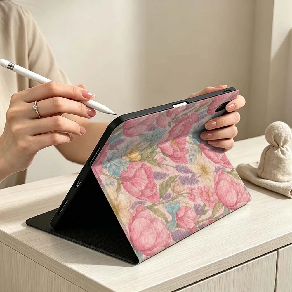 Retro Pink Floral Pattern For iPad Pro Air mini 7 6 5 4 3 2 1 M5 M4 M3 11th 10th A17 Pro A16 A14 Soft Pen Tray Tablet Case