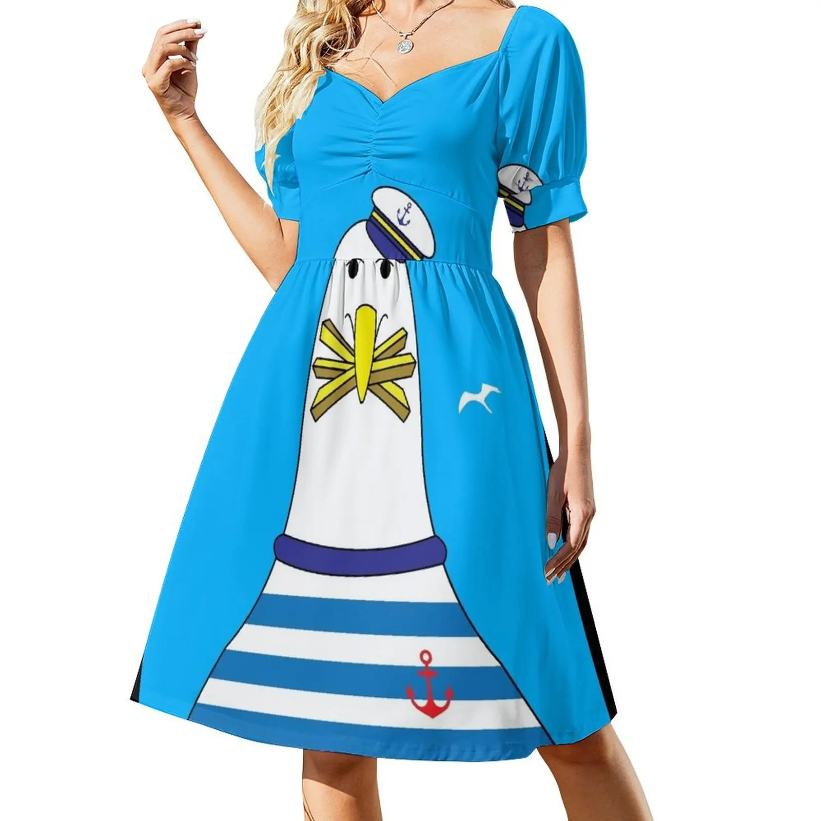 

Nautical Seagull Character Eating Chips Short-Sleeved Dress Long veiled dresses dress dresses prom dress