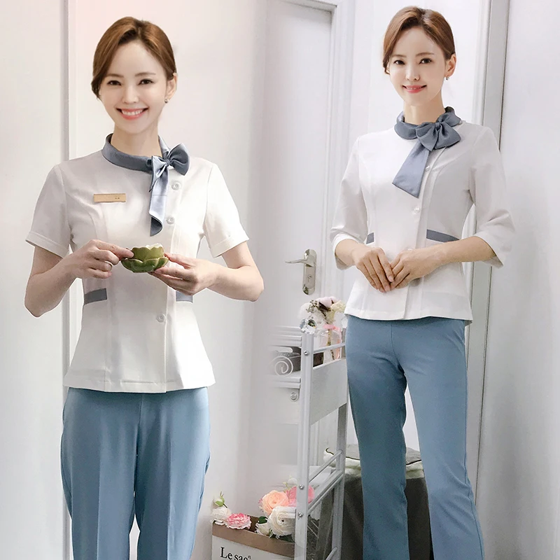 Conjunto de uniforme coreano Sle Beau Salon para verano, spa, esteticista, bordado, artista, técnico de uñas, ropa de trabajo, pantalones largos de algodón