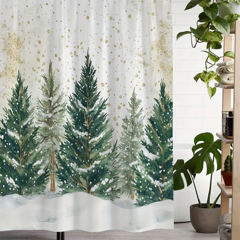 Open a piece of cypress Christmas shower curtain printed waterproof shower curtain, curtain with 12 hooks Curtain for Windows