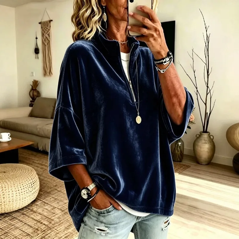 This Autumn Winter Women's Velvet Top Features A 7-quarter Sleeve, High Collar Loose Zipper Slimming and Soft Comfortable Fabric