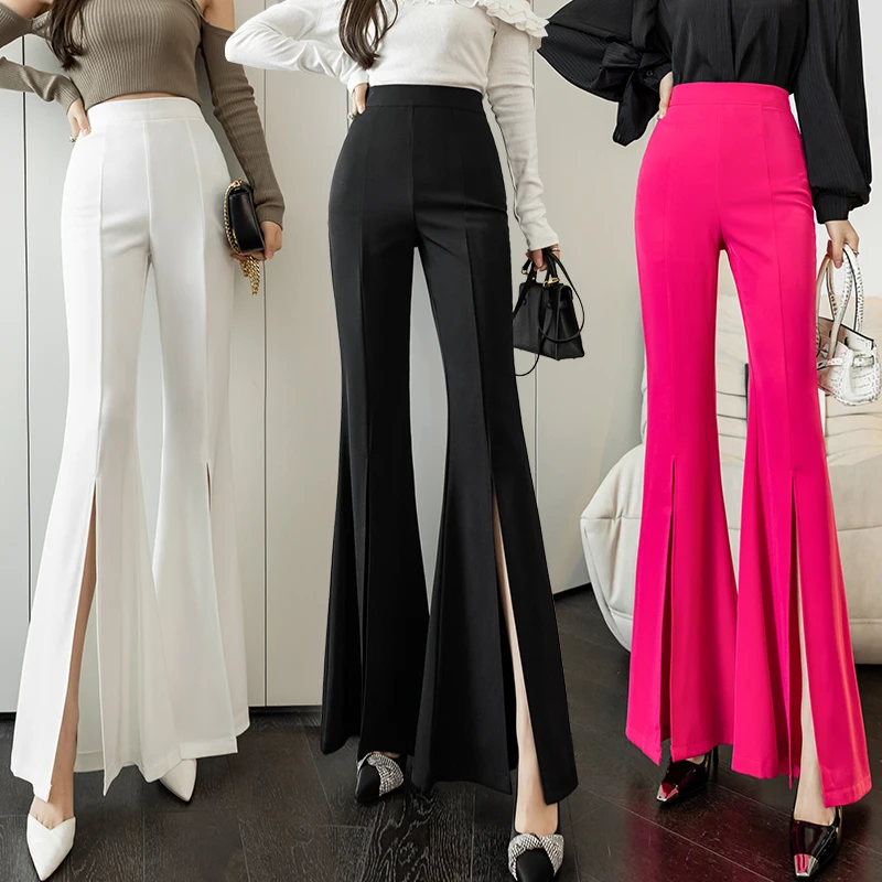 Chic Korean Fashion Ladies Wear Split Hem Bell-bottoms Pants Women OL High Waist Zipper Fly Trousers Female Streetwear Clothes