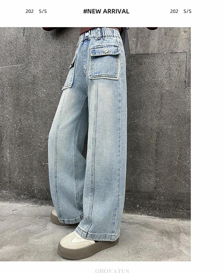 Kinderjeans mit gerader Passform und Fronttasche für Mädchen, Frühling, Baumwolle, Vintage, lässige, lockere Denim-Hose, einfarbige Jeanshose für Kinder – Detail 3