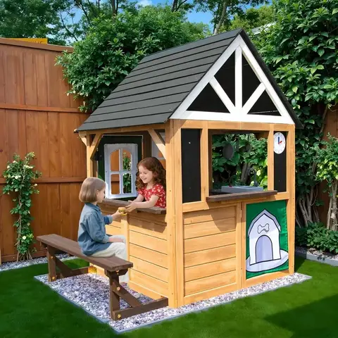 Children's Playhouse, Indoor and Outdoor Play Set, Modern Gray Cedar Wooden Playhouse with Functional Kitchen Set