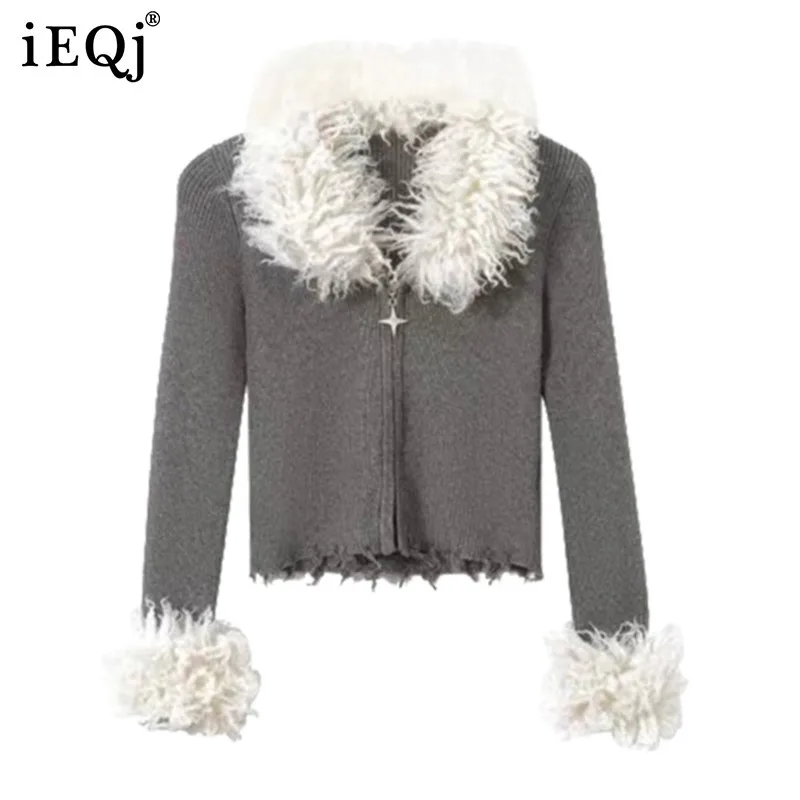 IEQJ Lamb Wool Spliced Knit Sweater For Women V Neck Long Sleeve Casual Loose Thin Sweaters Female Spring 2025 New 3WQ9995