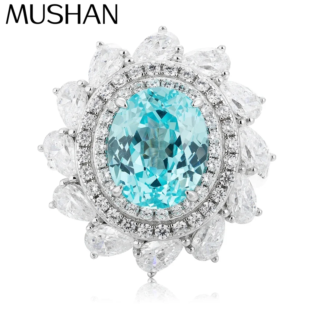 MUSHAN Custom Jewelry 925 Sterling Silver Ring Lab Blue Emerald Heart Daily Ring for Women 18K Gold Plated Anniversary Rings