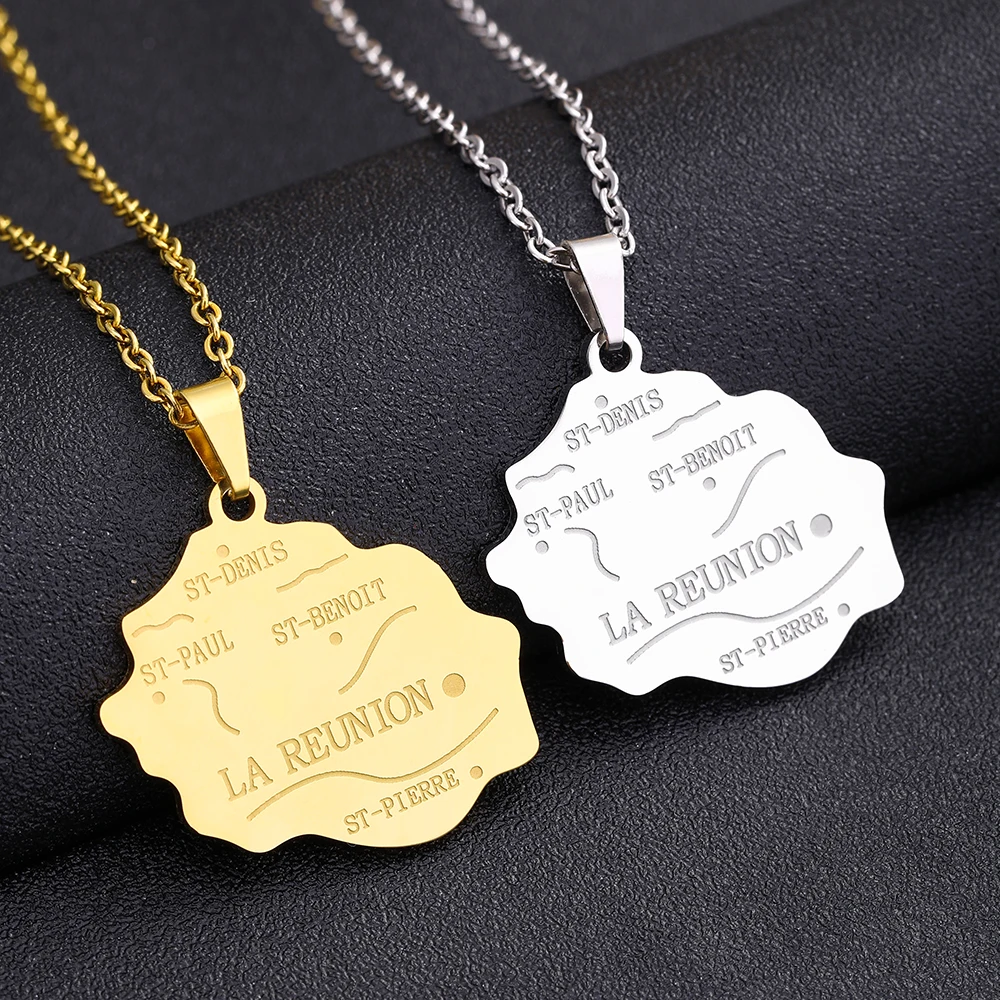 France Reunion Island Map Pendant Necklace Stainless Steel For Women Girls Gold Silver Color Charm Fashion Female Choker Jewelry