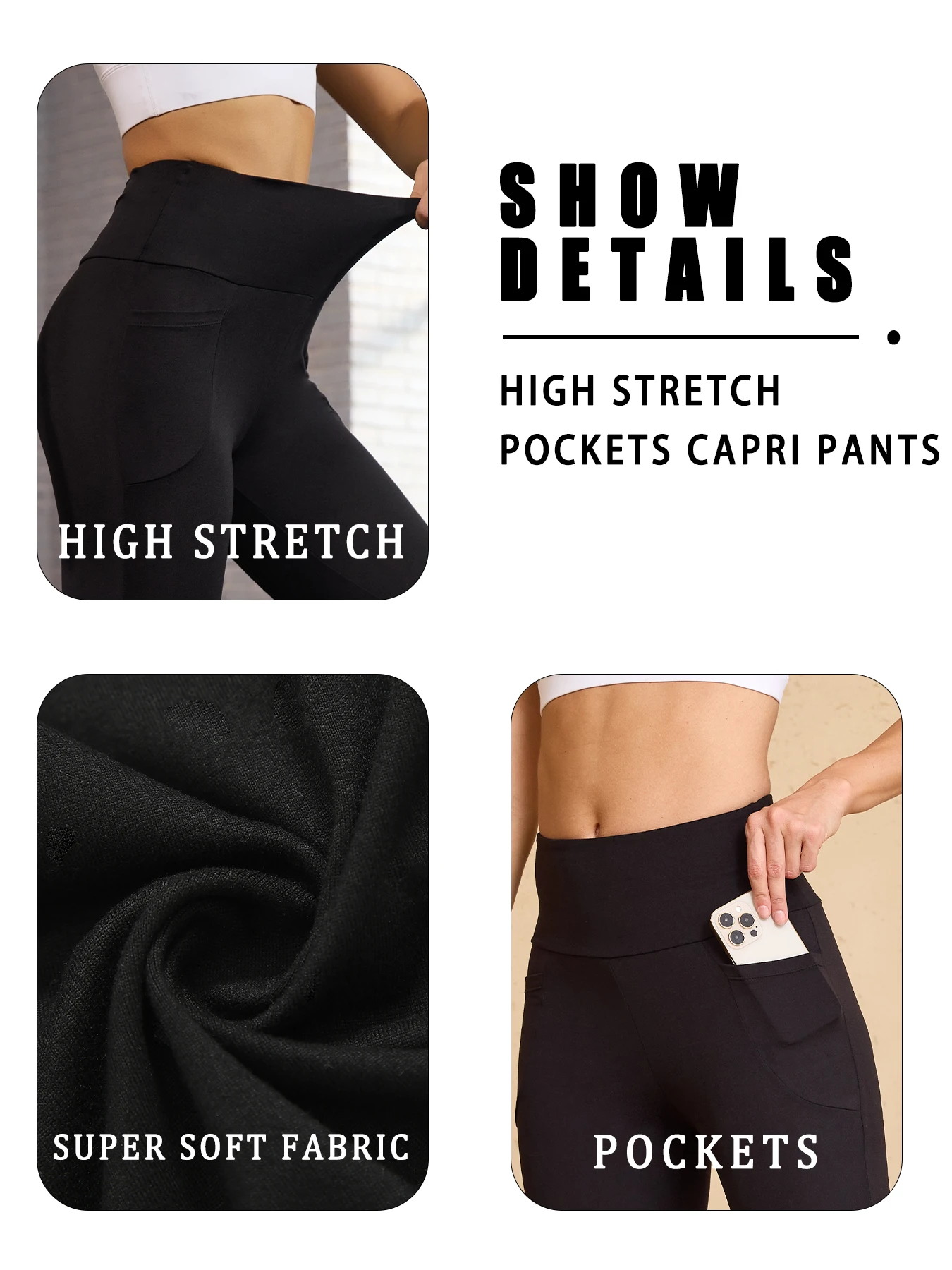 Lot de 3 shorts de motard taille haute pour femmes, avec poches, contrôle du ventre, entraînement, course à pied, Yoga, Push Up, Gym, Fitness