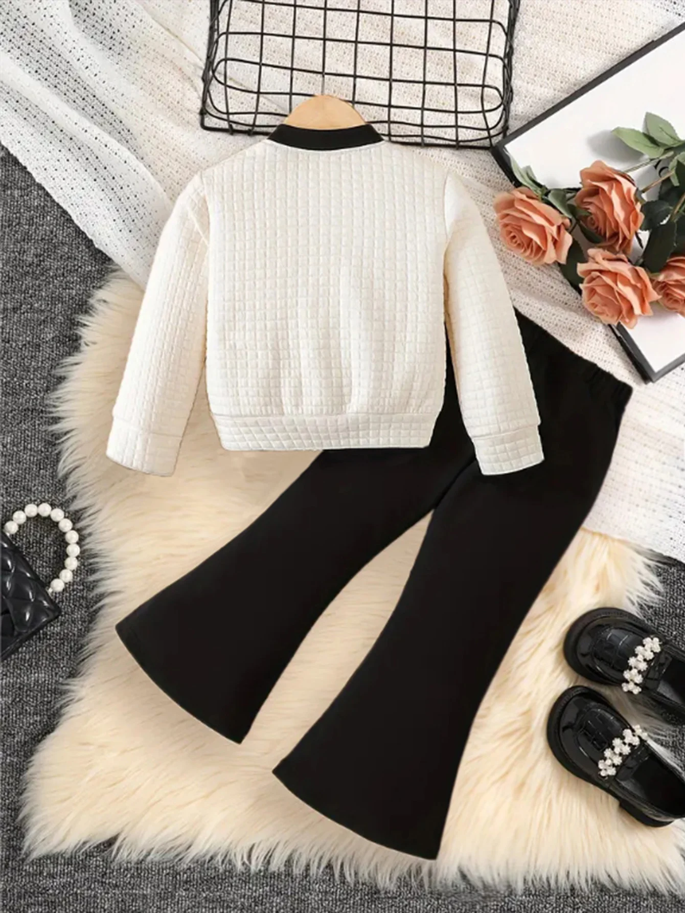 Girls autumn suit new fashion long sleeve cardigan top bell pants 2-piece set small chanel style