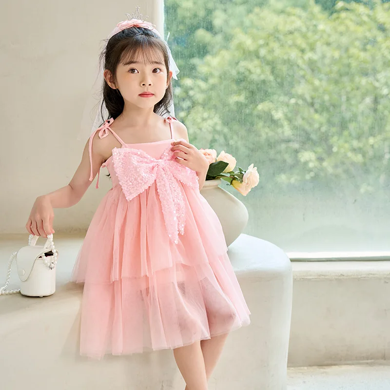 

2023 New Dress Girl's Bow Princess Dress Summer Fashionable Little Girl Mesh Dress