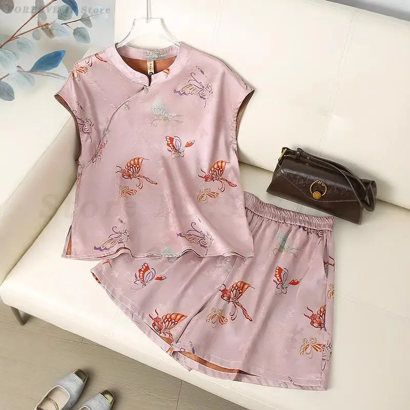 

Летние китайские шорты, костюм Тан, рубашка с традиционным принтом, модный свободный повседневный комплект из 2 предметов ханьфу, блузка, восточный наряд