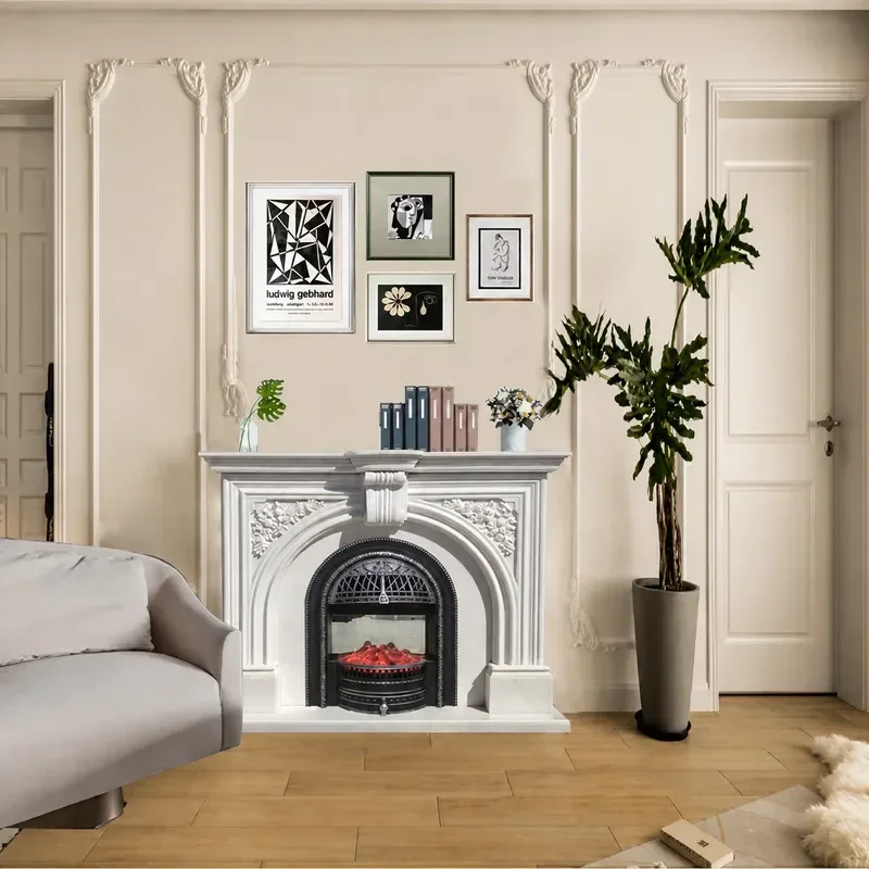 White Marble Carved Fireplace Mantel American Style Entrance Decorative Arch Background Wall Furniture Rack Home Decoration