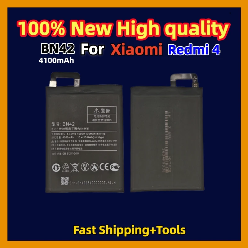 100%New High Quality BN42  4100mAh Battery For Xiaomi Redmi 4 Hongmi 4 Redmi4 Mobile Phone 4 Phone Batteries Fast Shipping+Tools