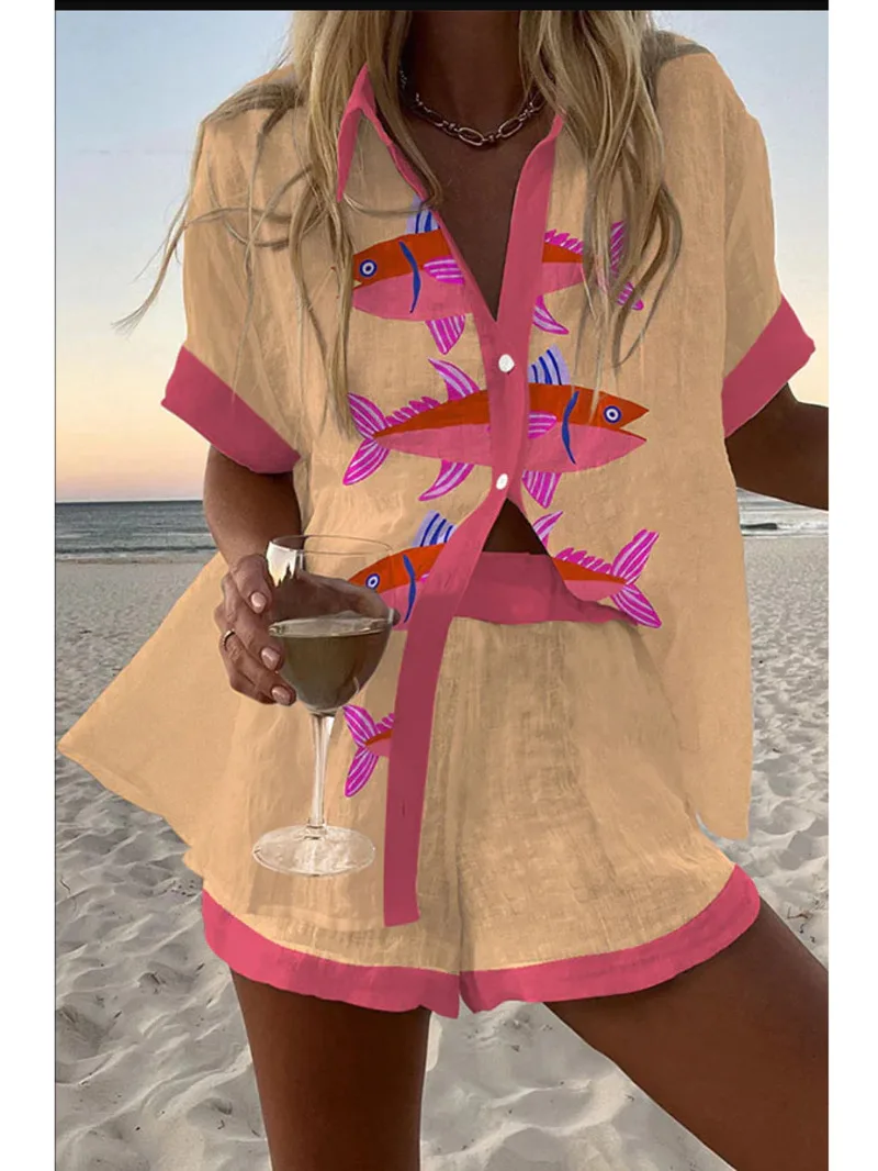 패션 프린트 비치 홀리데이 2 피스 세트 여성 여름 짧은 소매 셔츠 탑 + 넓은 다리 짧은 여성 오버 사이즈 투피스 의상 L9A