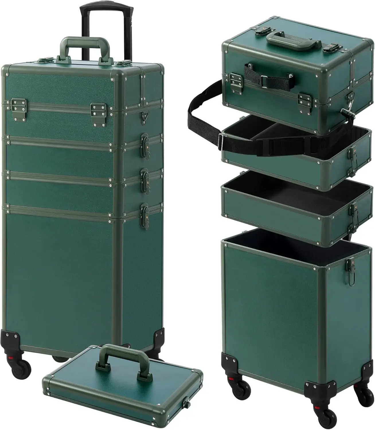 Rolling Makeup Case with Lid, 5-in-1 Cosmetology Case on Wheels, Large Makeup Organizer for Salon Barber, Green