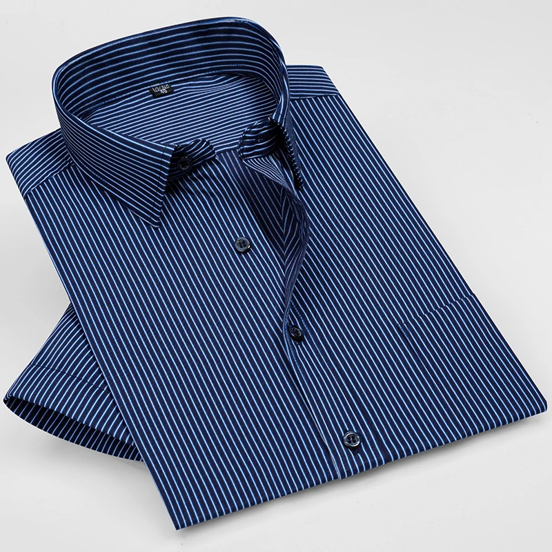 Fashion Summer Print Casual Shirts for Men Short Sleeve Striped Dress Shirt Buiness Thin Solid Office Regular Fit Soft Chemise