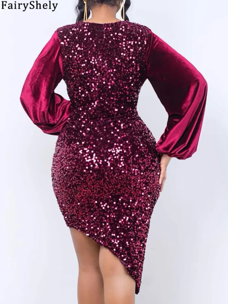 FairyShely 2025 Shiny Patchwork Plus Size Dress Women Large Long Sleeve Big Dresses Lady Spring Bodycon Party Tight Curvy Dress