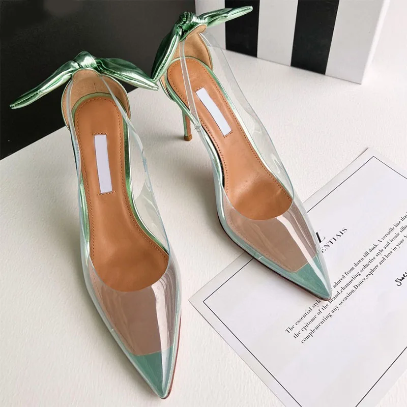 

Новые летние туфли-лодочки из ПВХ с острым носком и бантом. Стильная разноцветная женская обувь на высоком каблуке-шпильке.