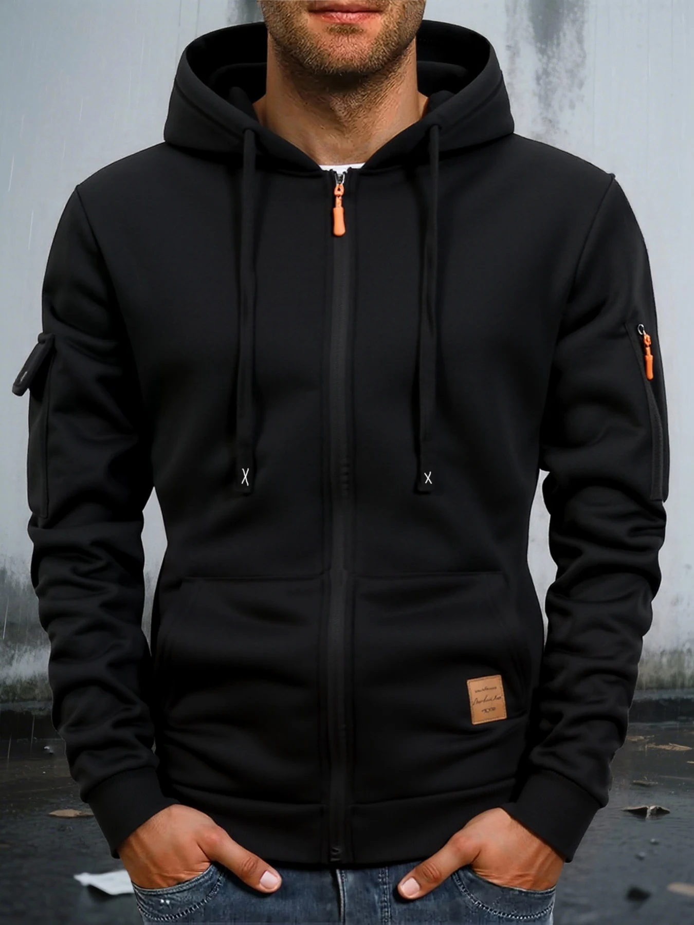 Soft Skin Friendly Thermal Fleece Mens Zip Up Hooded Sweatshirt Functional Side & Arm Pockets Custom Drawstring Hood Relaxed