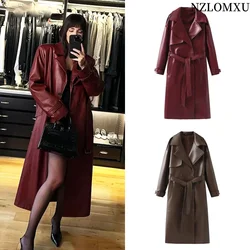 Elegant Winter Burgundy Lace Up Matte Leather Jackets Women Fashion Lapel Button Full Sleeve Long Coat 2025 New Street Outerwear