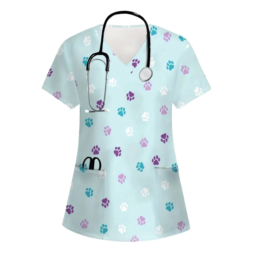 Uniformes de soins infirmiers vétérinaires chat mignon femme décontracté à manches courtes avec poches motif imprimé uniforme confortable uniforme chirurgical femme