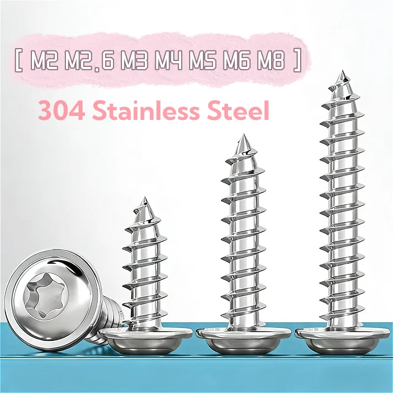 304 Stainless Steel M2 M2.6 M3 M4 M5 M6 M8 Pan Round Head Plus-Blossom Six-Lobe Torx with Washer Cushion Self-Tapping Wood Screw