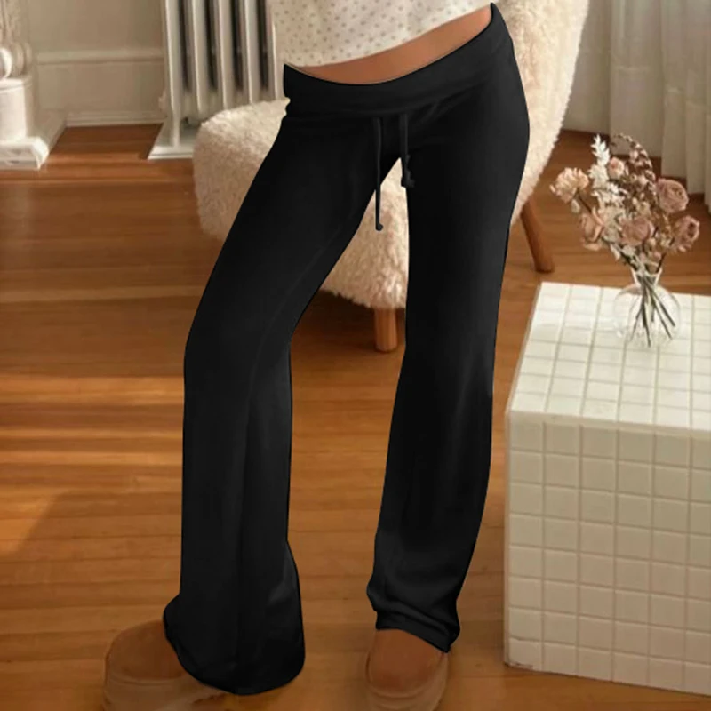 Cuteandpsycho Casual Solid Basic Pants Y2K Chic Floor Length Bottoms Vintage Aesthetic Mid Waist Drawstring Straight Trousers