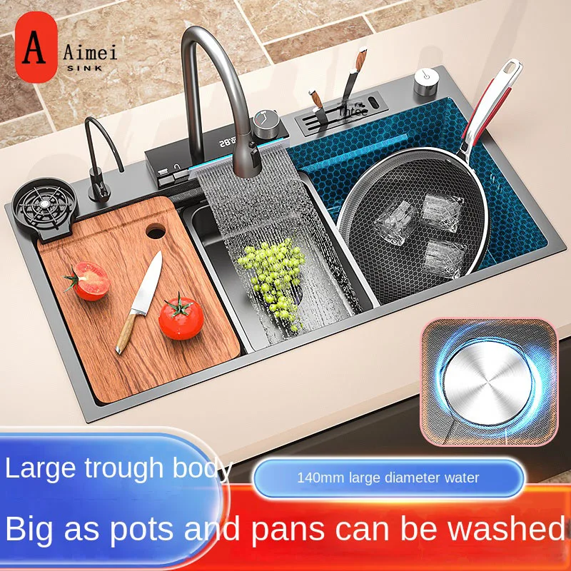 Large Slot Digital Display Honeycomb Stainless Steel Kitchen Sink Big Single Waterfall Faucet Set Multifunctional Wash Cup Washe