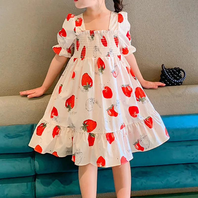 Summer Clothes Square Collar Folds Short Sleeve A-line Skirt Sweet Back Bandage Design Strawberry Print Princess Dress for Girls