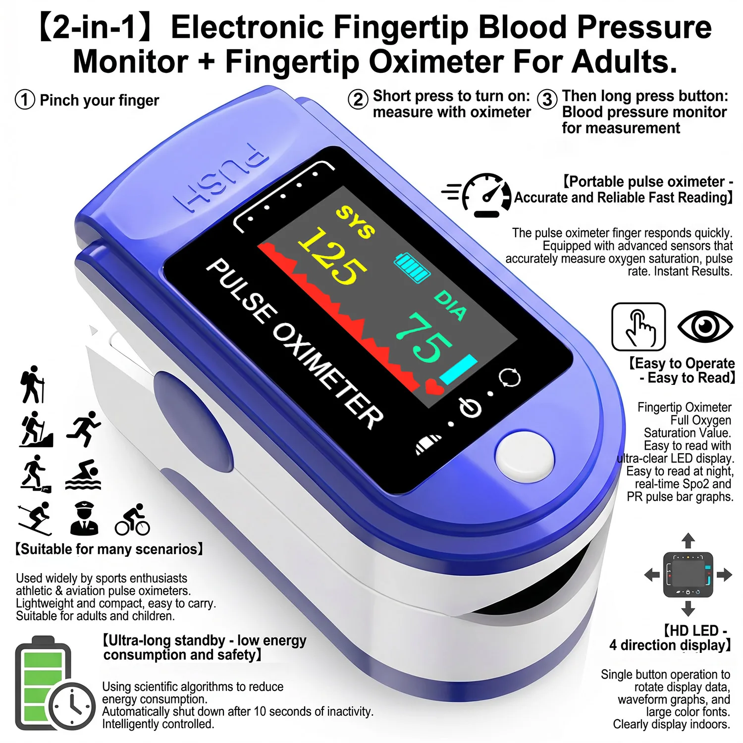 2IN1 Oximeter & Tonometer Portable Fingertip Blood Pressure Monitor Home HD LED Screen Finger Clip Visual Pulse SpO2 Oxymeter