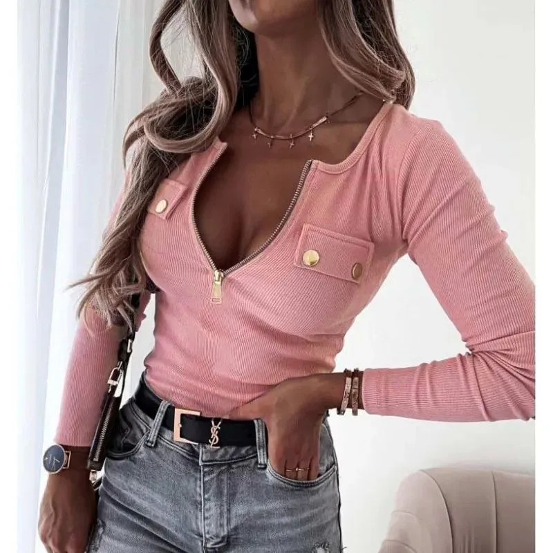 

Women's Fashion Zipper Design Slim Knitted Top Autumn & Winter New Woman Casual Clothing Commuting Long Sleeve Pullover T-shirts