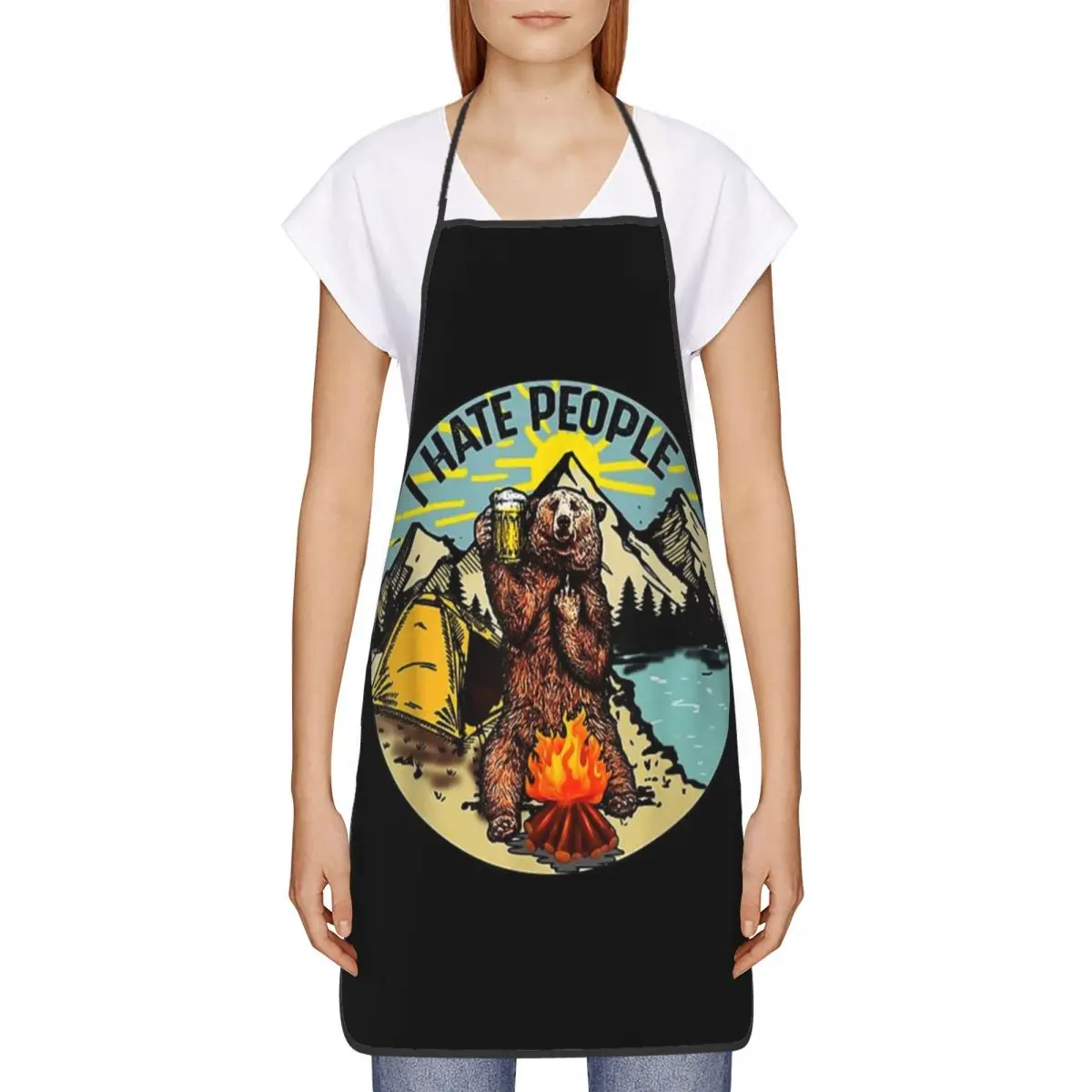 Custom Unisex Bear Camping I Hate People Chef Cooking Baking Apron Men Women Adventure Capmer Tablier Cuisine for Gardening