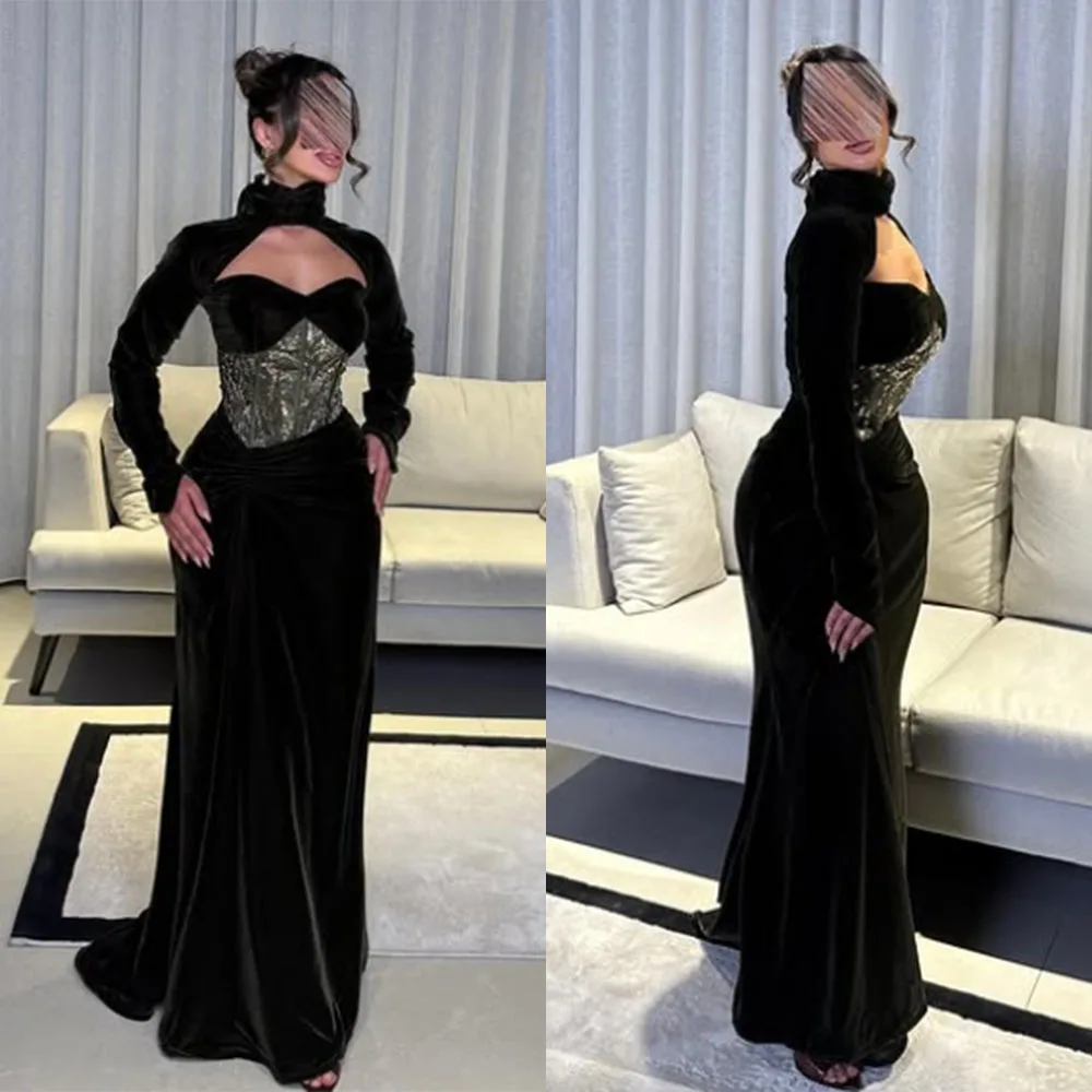 

High Quality Customized Sweetheart Halter Full Sleeves Floor Length Sequin Beaded Woman Vestidos Elegantes Para Mujer فساتين