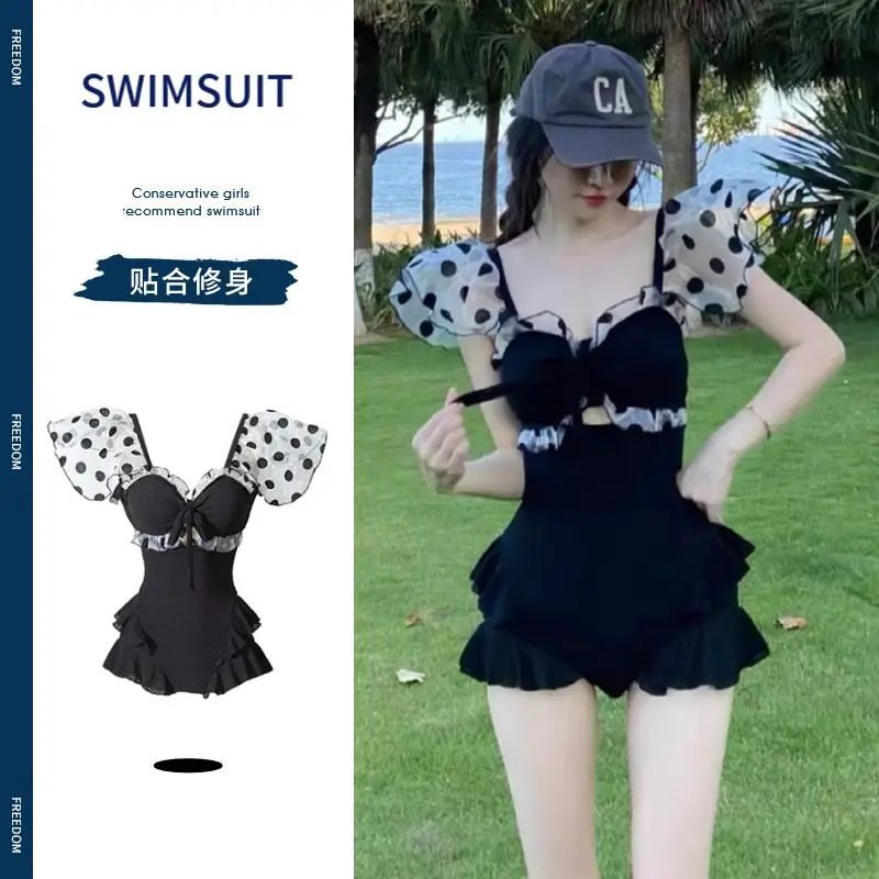 2023 Summer Fashion Dot Square Neck Hollow Out Pure Desire Style Gathering High Waist Covering Belly One Piece Skirt Swimwear