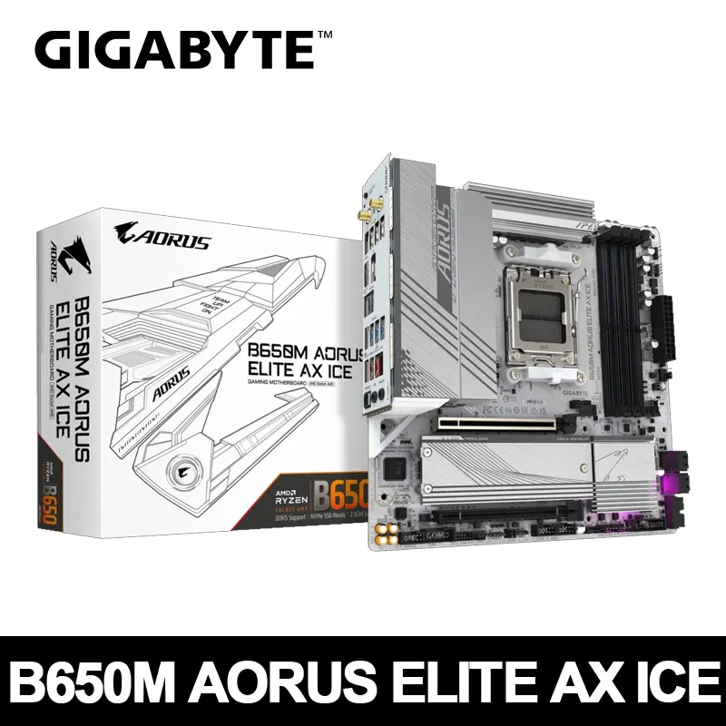 

GIGABYTE New B650M AORUS ELITE AX ICE Micro-ATX AMD B650 DDR5 192GB DDR5 8000 (OC) MHz M.2 Wi-Fi 6E Socket AM5 Motherboard