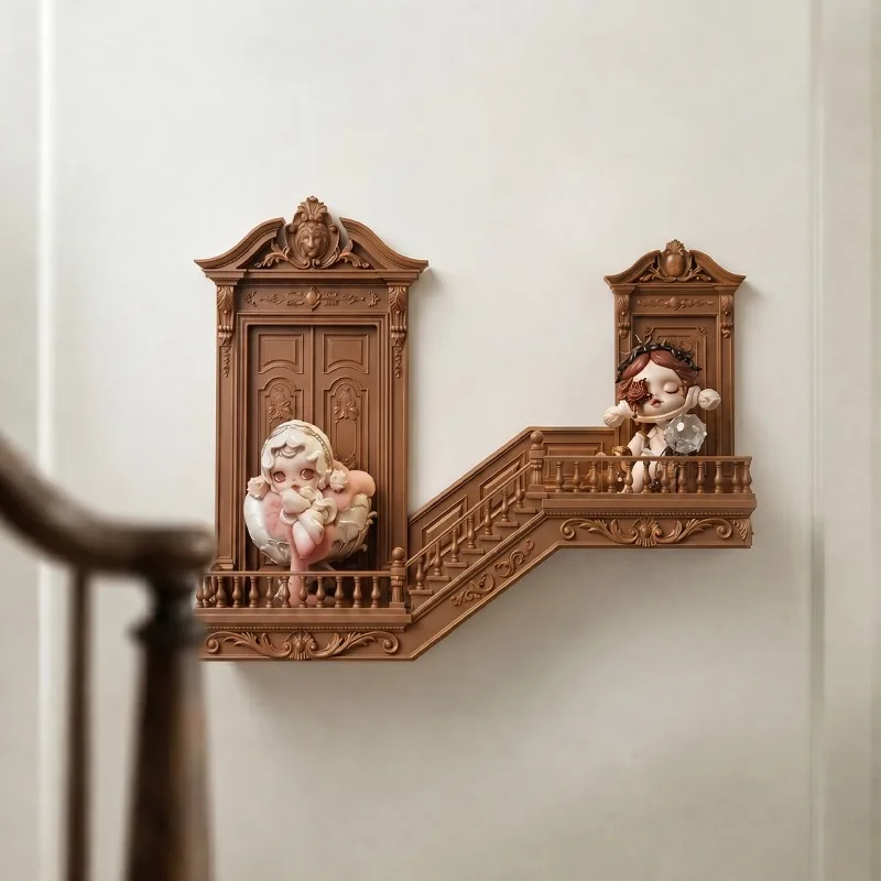 Vintage Carved Mini Staircase Wall Decor Display Scene Optional LED Lighting Dollhouse Ornament Shelf for BJD OB11 Blind Box