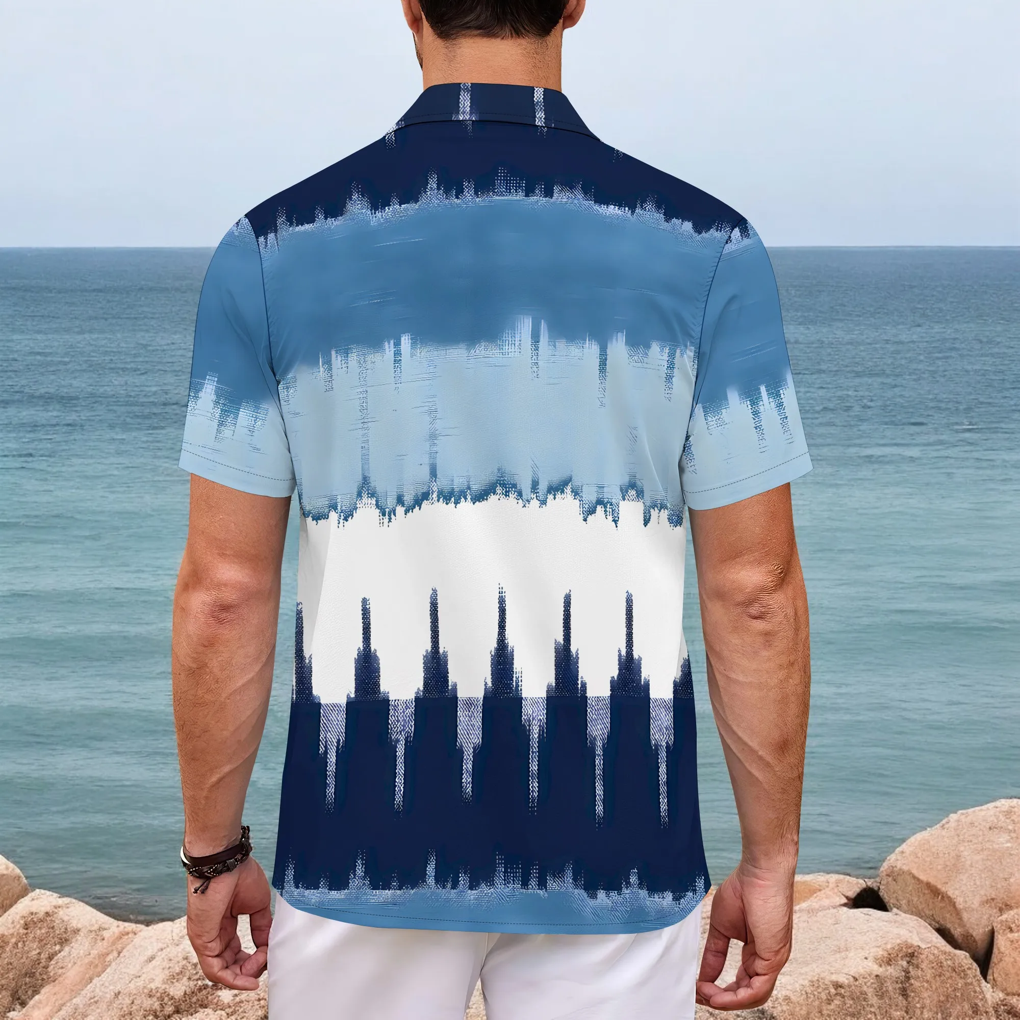 YEAE Blue White Gradient Wave Print Shirt for Men Summer Casual Short Sleeve Top