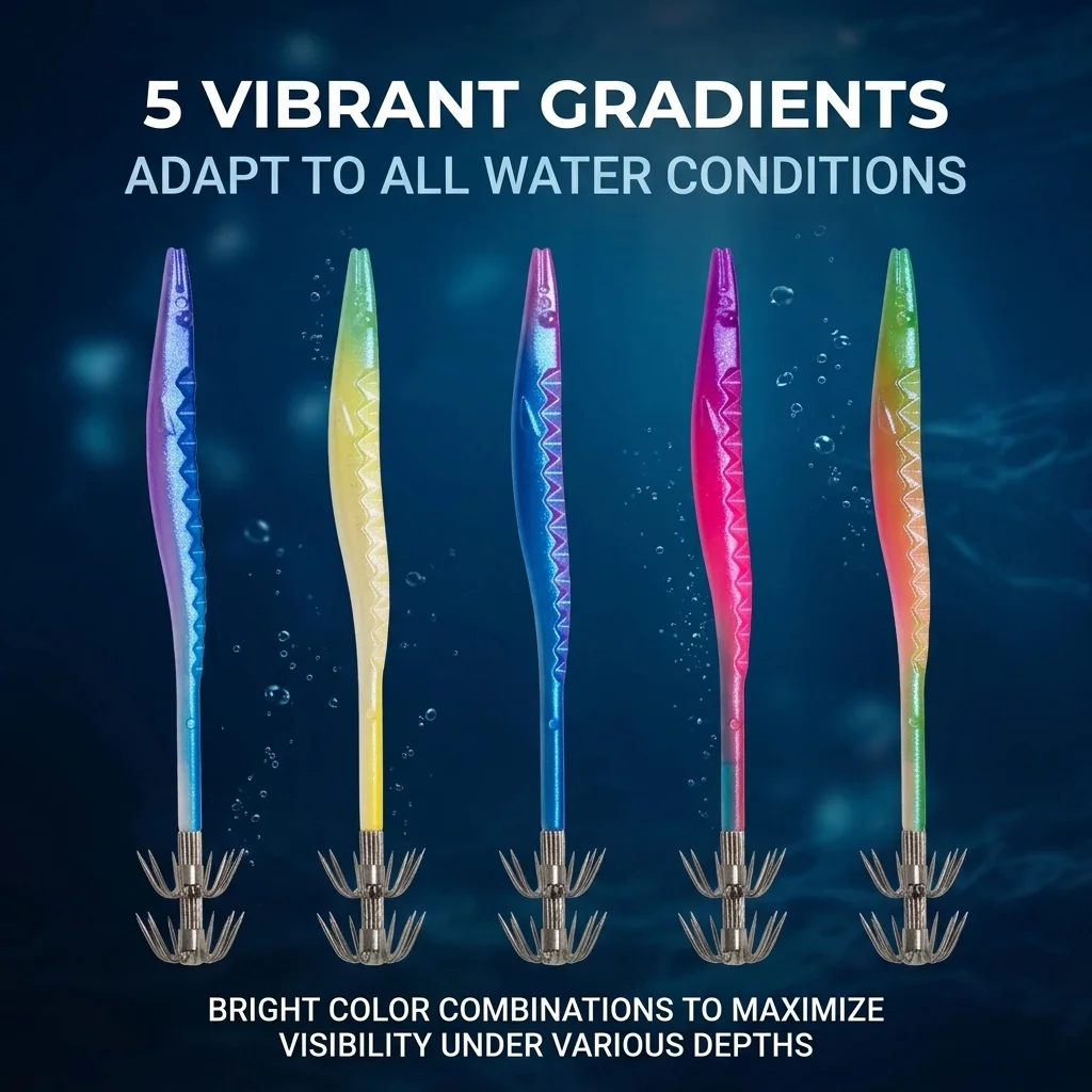 5Pcs UV Luminous Squid Jig Lures 11cm Gradient Color Octopus Hook Egi Bait Glow In Dark Saltwater Night Fishing Tackle Box Set