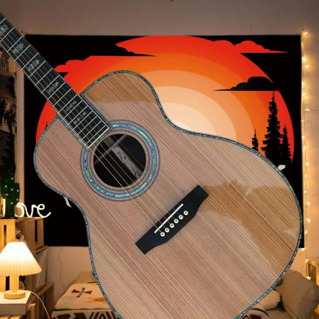 Free Delivery OM45 Acoustic Guitar Natural Red Cedar Body Solid Top Profile Full Abalone Shell Inlaid Unisex 6 Strings