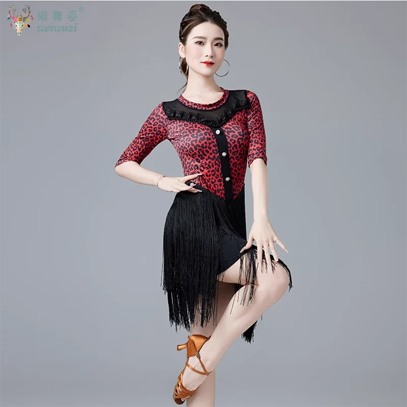 ラテンダンスパフォーマンス衣装セクシーなヒョウ柄タッセルドレス女性大人チャチャサンバルンバプロフェッショナル競技服