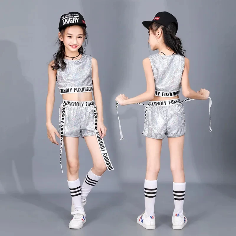 2026 Silver Sparkly children jazz Modern dance Costumes Girls boy Sequins alphabet band hip hop Street stage wear for 5AQBR view 3