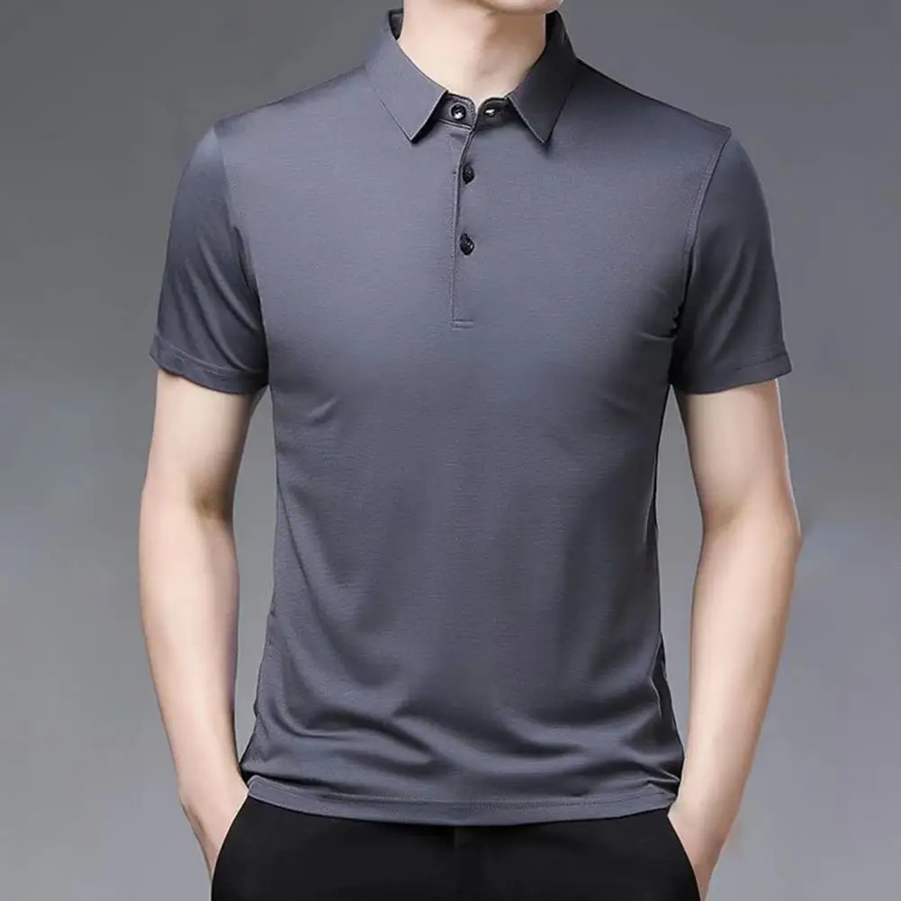 Men Tops Short Sleeve All Match Soft Wear-resistant Pullover Lightweight Formal Turn-down Collar Summer T-shirt for Daily Wear