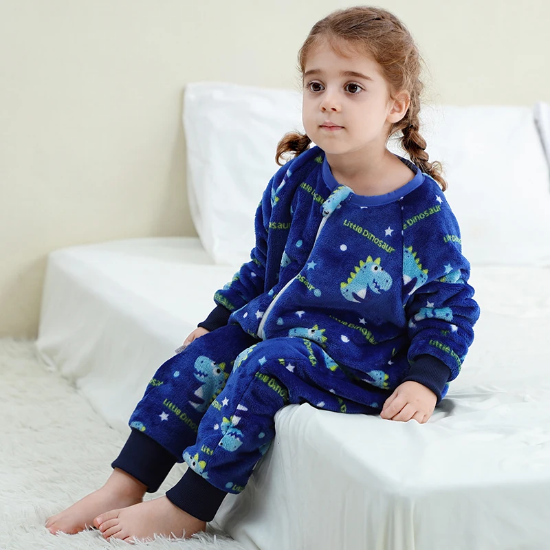 MICHLEY Dinosaurus Kartun Flanel Anak Bayi Kantong Tidur Karung dengan Kaki Pakaian Musim Dingin Balita Sleepsack Piyama Untuk Anak Perempuan Laki-laki