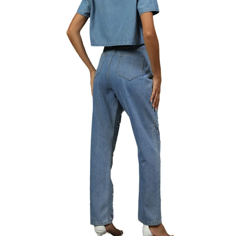 Europäische und amerikanische Damen-Herbstneuheit: Hose mit geradem Bein aus gewaschenem Perlen-Denim