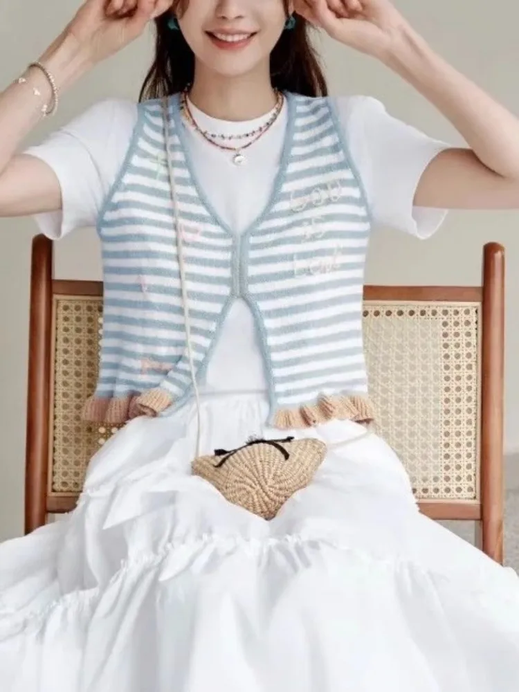 Nuevo dulce jersey sin mangas para mujer, chaleco tejido, chaqueta con cuentas, chaleco a rayas con cuello en V, Tops cortos informales Harajuku para verano para mujer