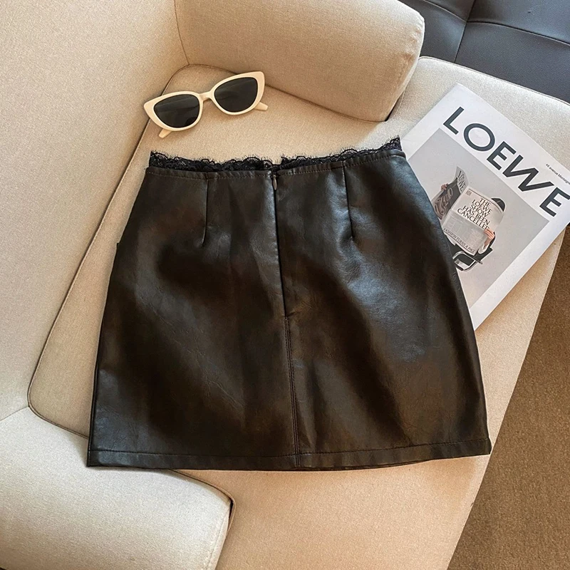 Hottie Sexy Mini Skirt Women Vintage Streetwear Lace Patchwork Pu Leather Skirts Y2K Retro High Waist A Line Autumn Zipper Skirt