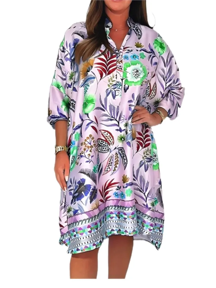 Abiti midi con stampa floreale di nuova moda estiva Abiti casual da donna a maniche lunghe con scollo a V e bottoni Abiti larghi per le donne Abito Boho da vacanza